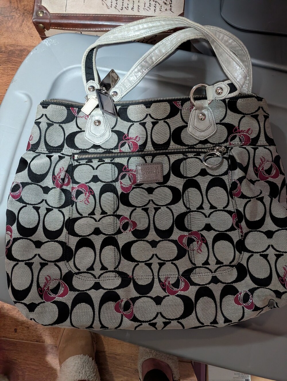Coach Signature Canvas Tote in Black, White & Pink Accents